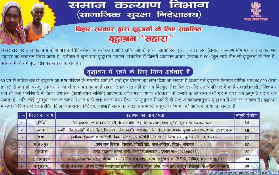 बिहार वृद्धाश्रम सहारा योजना लोगो। 