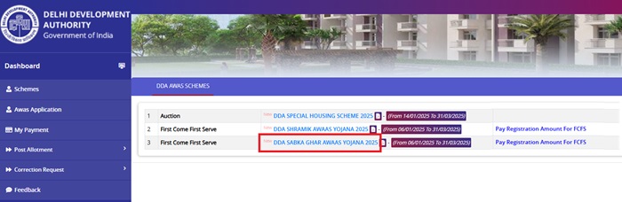 DDA Sabka ghar Awaas Yojana Scheme Link