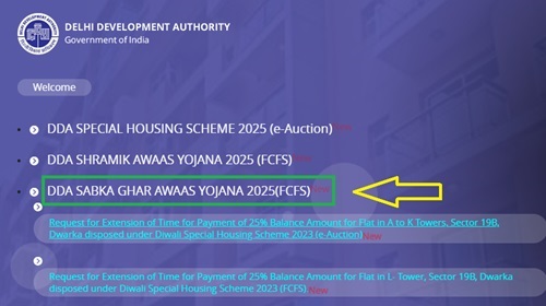 DDA Sabka Ghar Awaas Yojan Scheme Home page